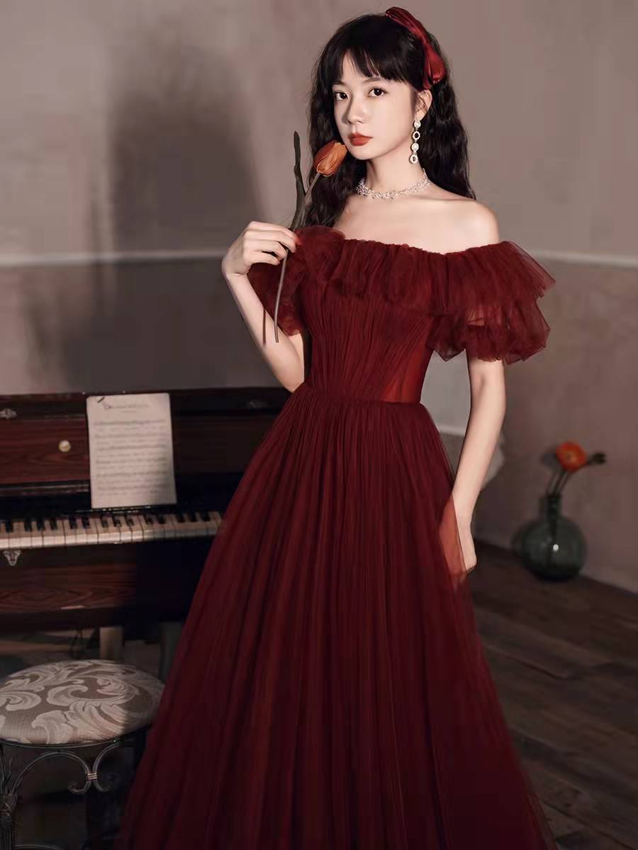 Burgundy tulle long prom gown formal dress C1569