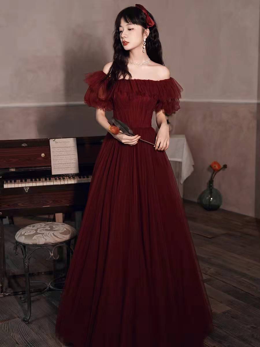 Burgundy tulle long prom gown formal dress C1569