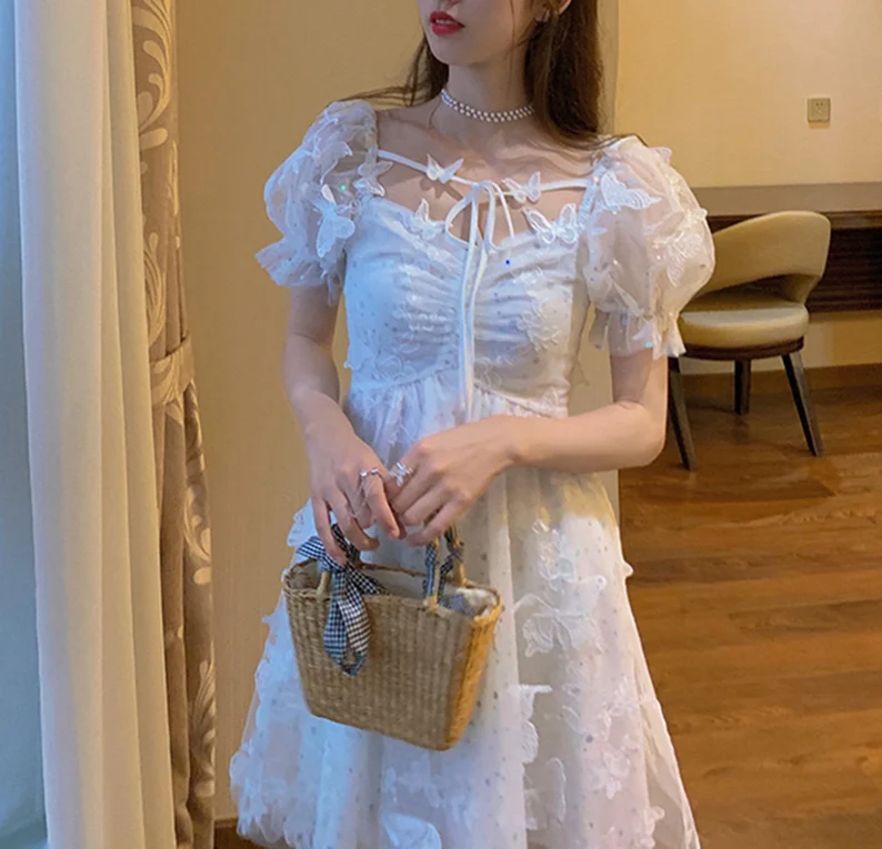 Butterfly White Summer Dress, White Homecoming Dress, Bohemian Summer Beach Sundress c2999