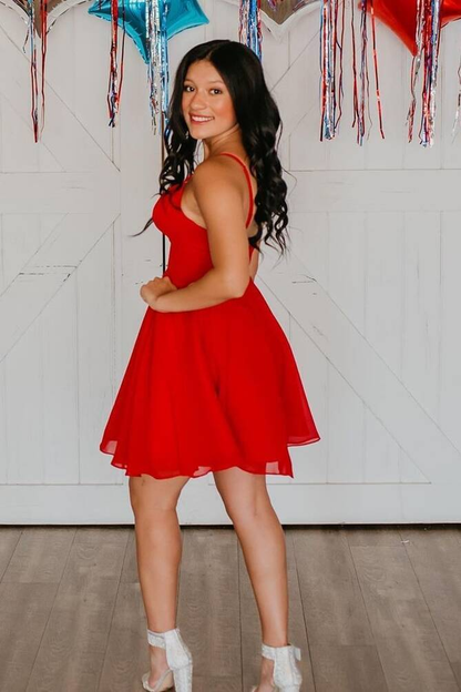 Straps Red Chiffon A-line Homecoming Dress  c3133