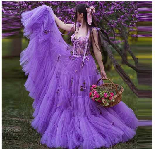 Purple A line Tulle Prom Dresses with Side Slit, Appliques Party Dress C2374