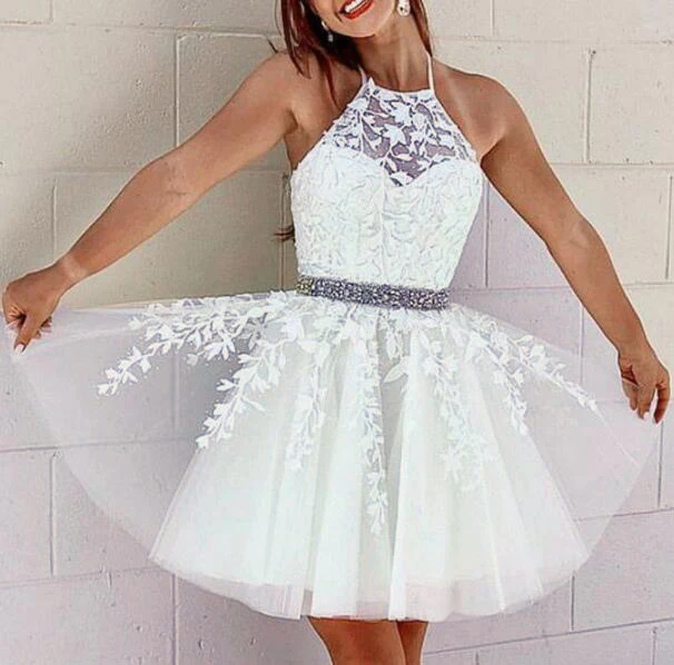 Corset Halter Short Graduation Dress White Lace Cocktail Party Dress for Junior Girls Beaded Belt  c3427