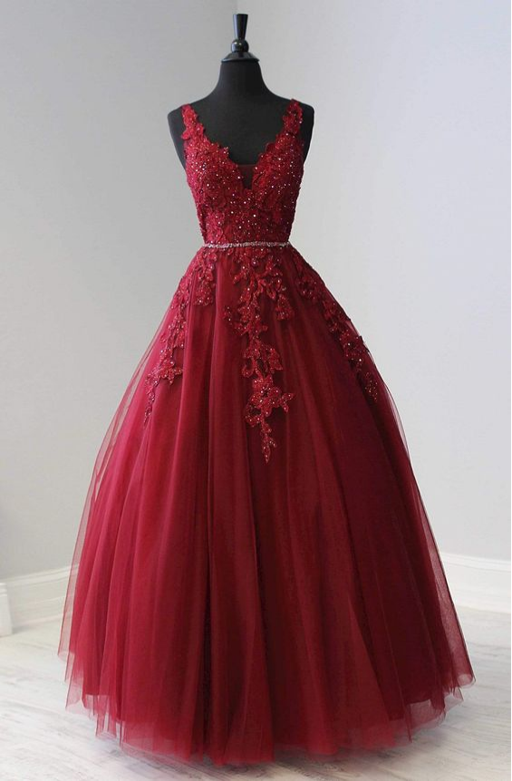 A-line V Neck Tulle Lace Prom Dress Waist Bead Fromal Evening Dress  cc04