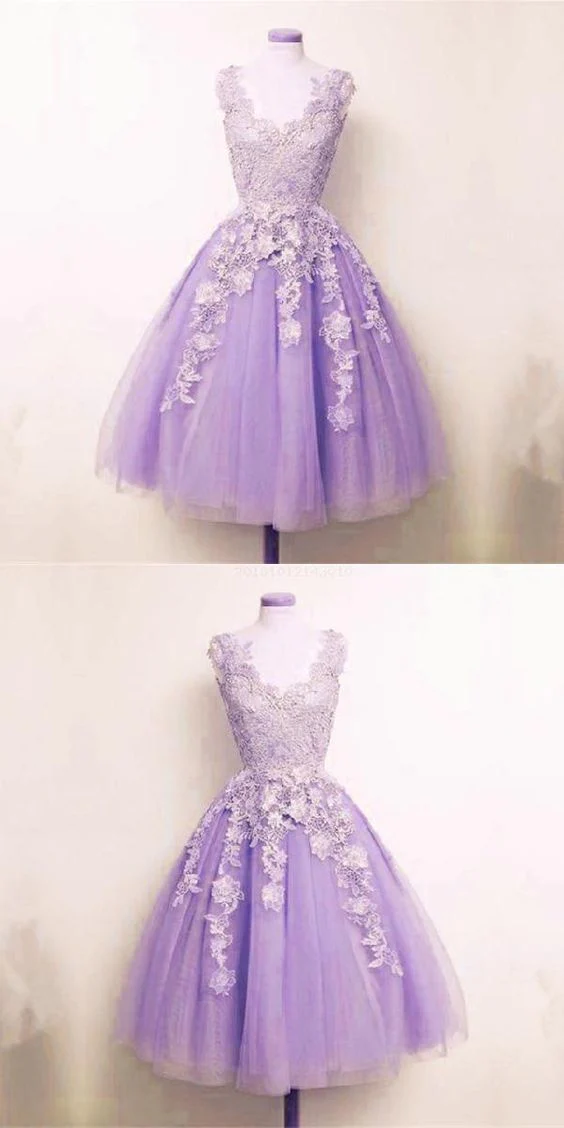 Appliques Homecoming Dress Lilac Tulle Lace Appliques A-line Short Homecoming Dress c3220