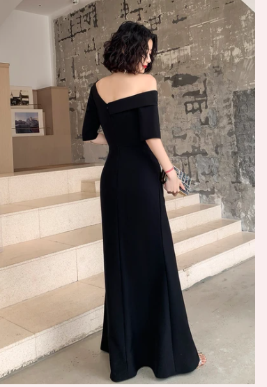 Black One Shoulder Slit Long Evening Dress, Black Formal Dress Prom Dress  C1485
