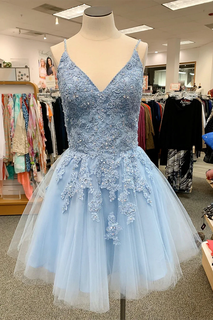 V Neck Short Sky Blue Homecoming Dress c3248