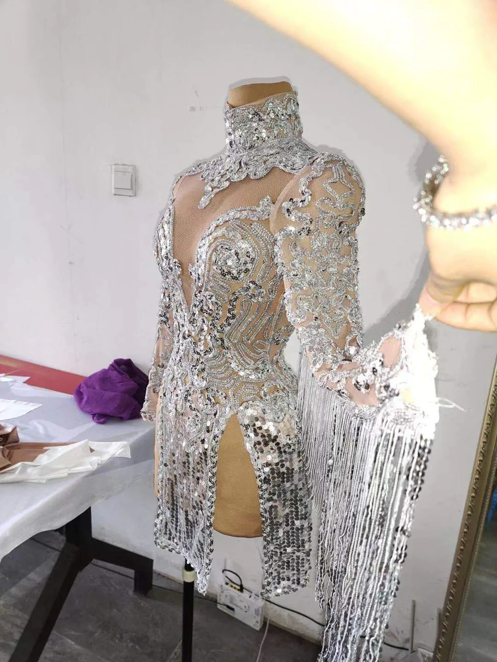 Shining Silver Sequins Fringes Dress Costume Sexy Party Dress c3140