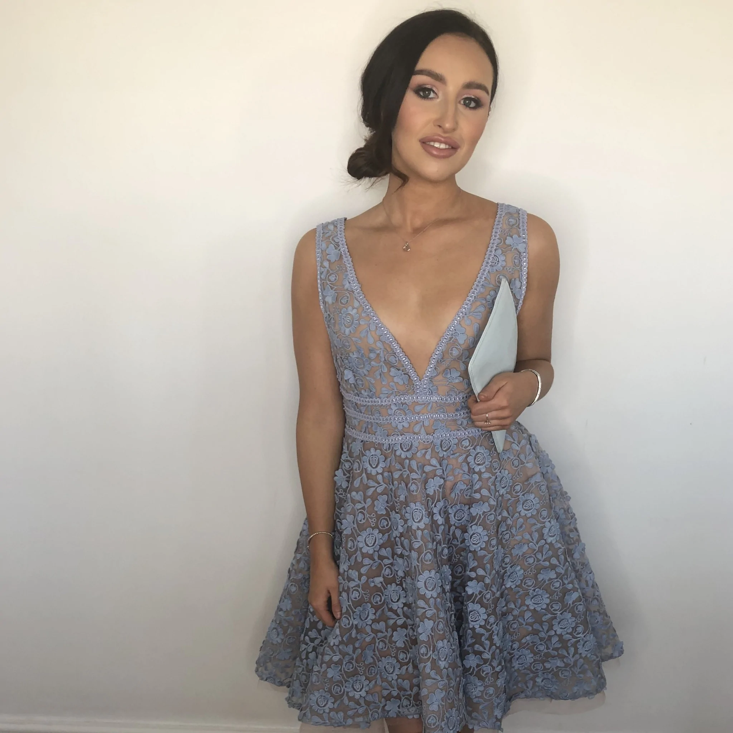 A-line V Neck Short Homecoming Dress With Lace Sleeveless Party Dress c3319