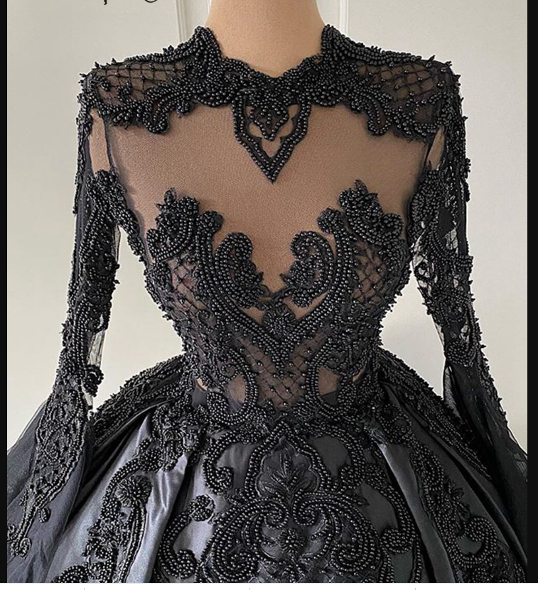 Puffy Ball Gown Women Long Sleeve Evening Dress Black Lace Twill Satin Beaded Dubai Style Formal Prom Dresses c3303