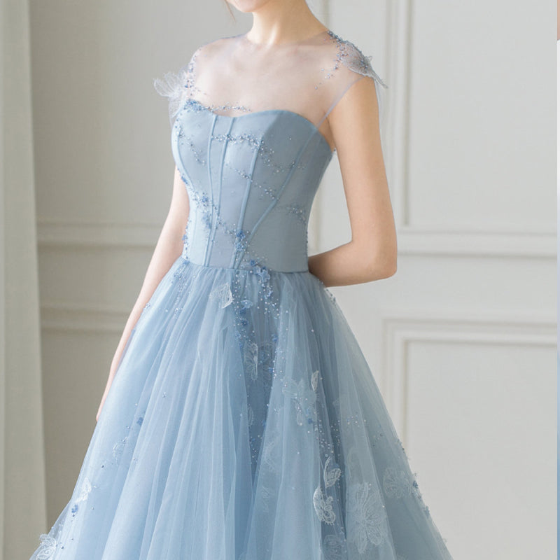 Cute blue tulle short prom dress evening dress c2695