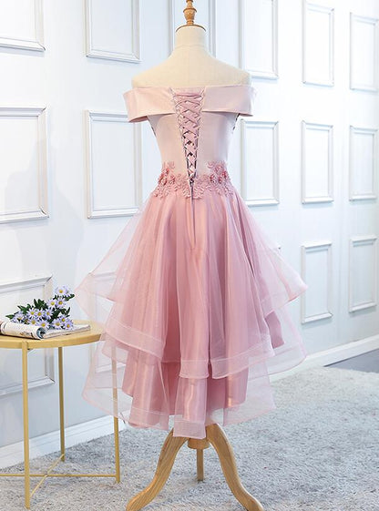 Lovely Off Shoulder Tulle Pink Layers Homecoming Dress, High Low Party Dress c2692