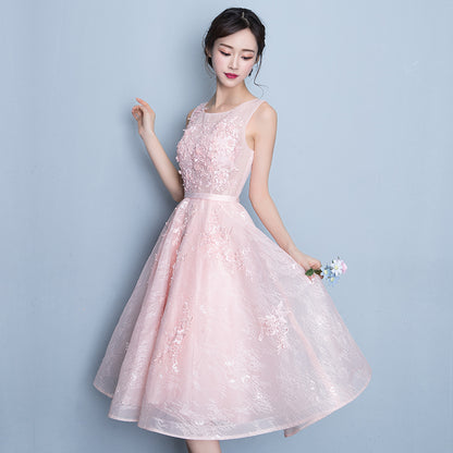 Pink round neck lace short prom dress, lace evening dress c2697