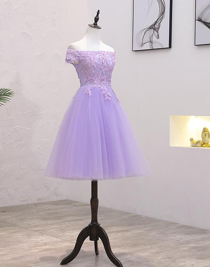 Light Purple Lace And Tulle Off The Shoulder Homecoming Dress, Short Party Dress c2779