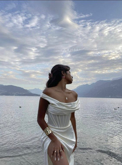 Off The Shoulder White Prom Dress Elegant Long Prom Dress cc327