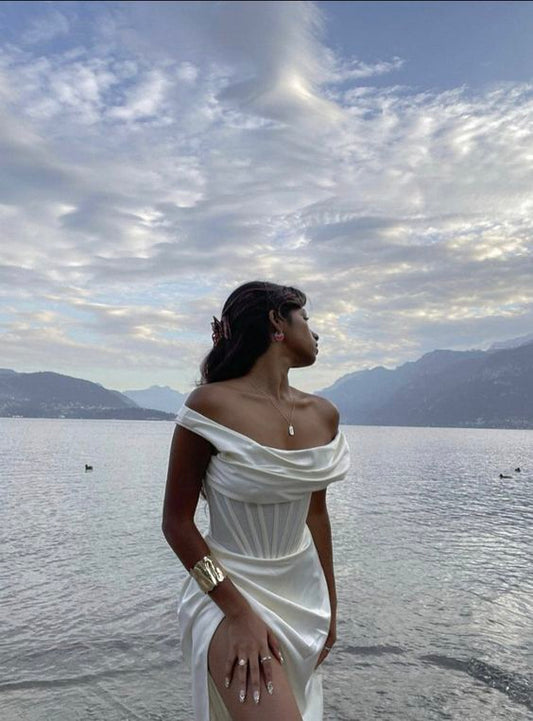 Off The Shoulder White Prom Dress Elegant Long Prom Dress cc327
