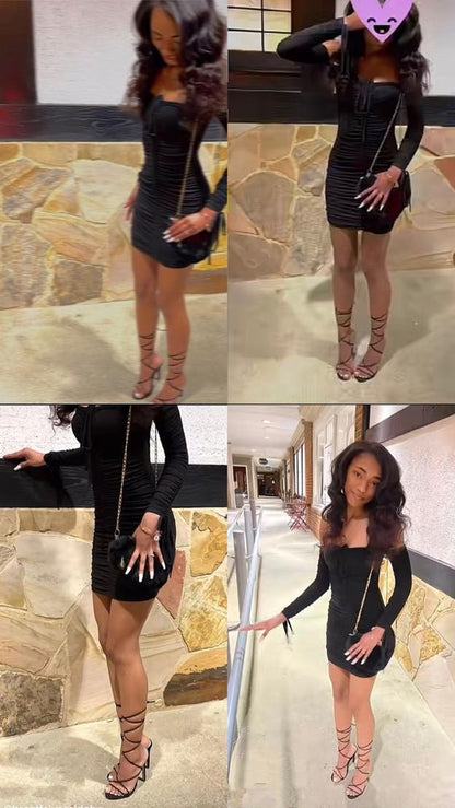 Black Bodycon Dress Short Sexy Party Dress With Long Sleeves cc321