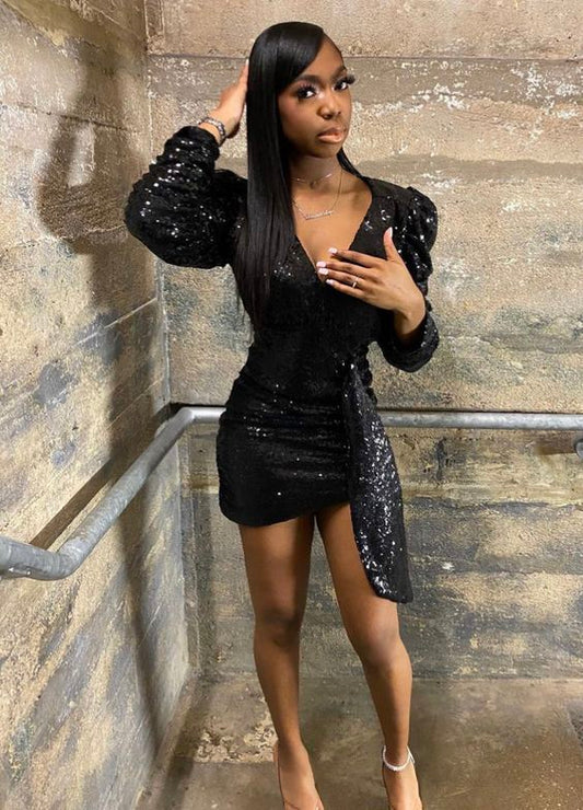 Black V Neck Sequins Short Party Dress 16th Birthday Dress  cc316