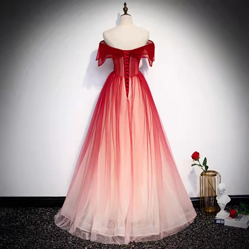 Burgundy off shoulder tulle long prom dress burgundy formal dress C2253