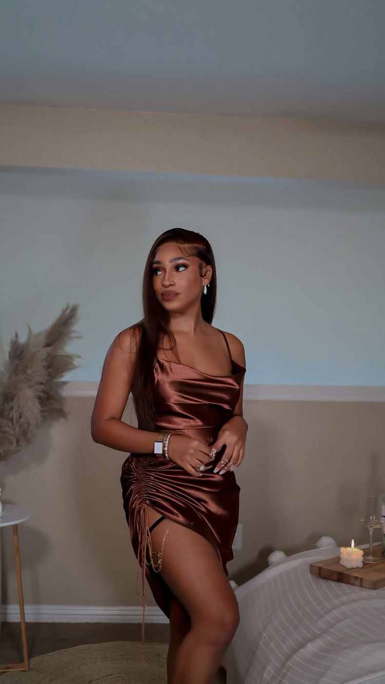 Brown Silk Satin Short Birthday Party Dress cc432