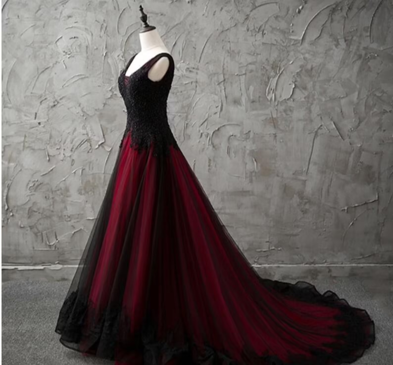 Gorgeous Black And Red V-Neckline Tulle Beaded Prom Dress, Long Evening Gown C1249