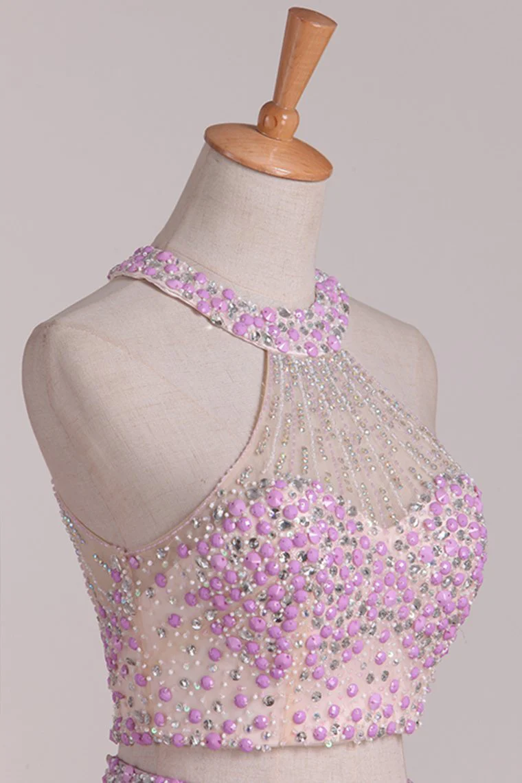 Two-Piece Halter Open Back Homecoming  Dresses Beaded Bodice Chiffon A Line c2655