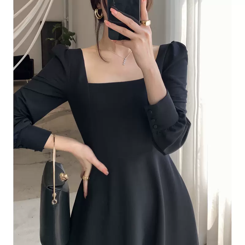 Gentle style Hepburn square neck little black dress Simple Prom Dress Party Dress With Long Sleeves C1557