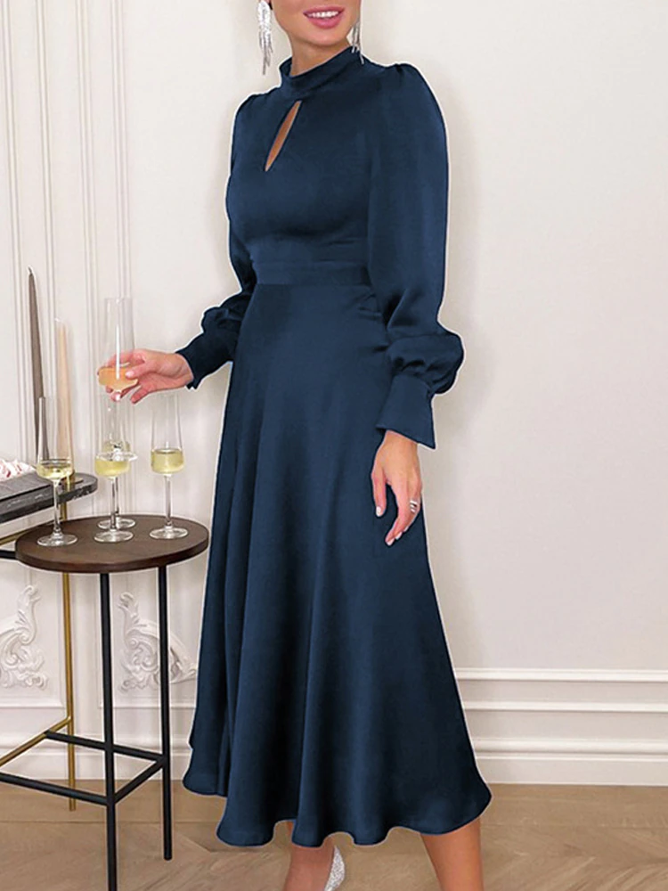 Elegant Simeple Prom Dress With Long Sleeves Split Evening Dress Women's Plain Puff Sleeve O-Neck Long Dress c2497