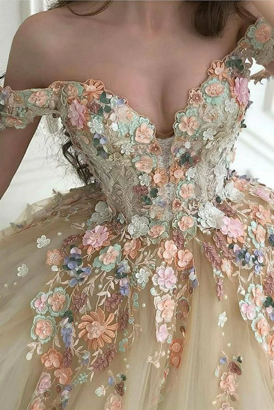 Gorgeous Off Shoulder Champagne Lace Floral Prom Dress, Long 3D Flower Champagne Formal Evening Dress, Champagne Ball Gown c3143