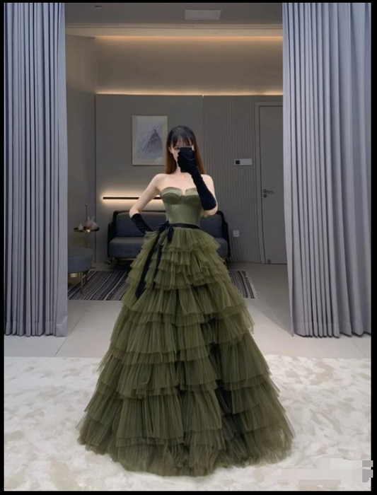 A-line Tulle Layered Long Prom Dress Corest Chic Formal Evening Dress c2869