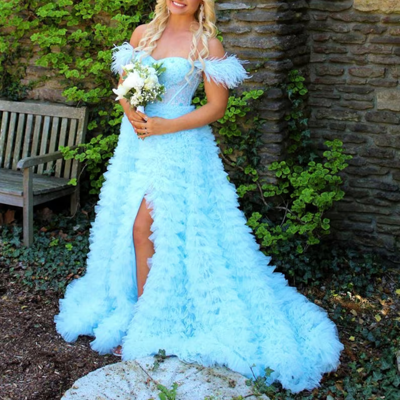 Pink Tulle Ruffled Gown, Off Shoulder Tulle Dress, Tulle Prom Dress, Corset Tulle Ball gown, Graduation Dress c3390