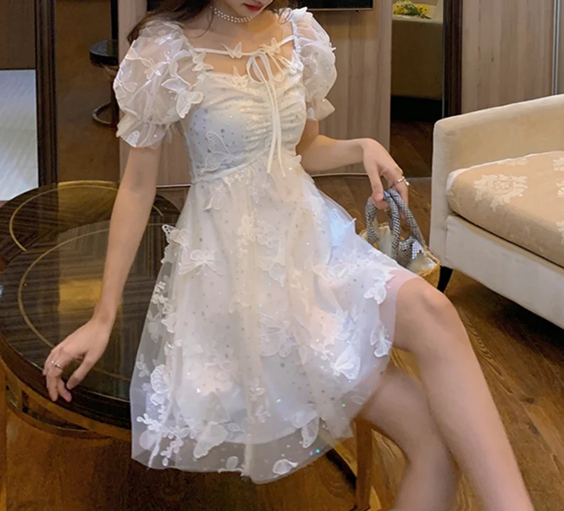 Butterfly White Summer Dress, White Homecoming Dress, Bohemian Summer Beach Sundress c2999