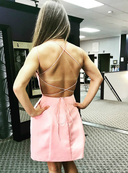Pink Satin Double Straps Beading Waist Homecoming Dress With Pocket  c3031