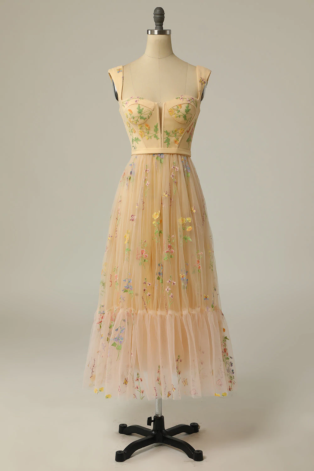 A Line Sweetheart Champagne Long Prom Dress with Embroidery C2395