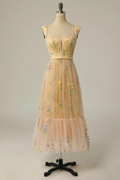 A Line Sweetheart Champagne Long Prom Dress with Embroidery C2395