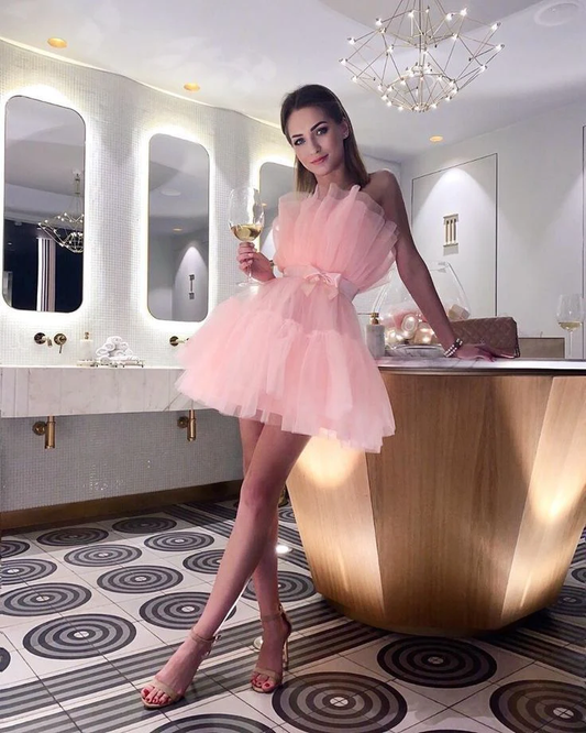 Pink pleated tulle homecoming dresses c3247