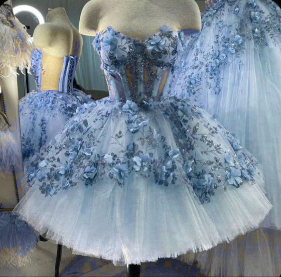 Blue Tulle Short Homecoming Dress With 3D Flowers cc117