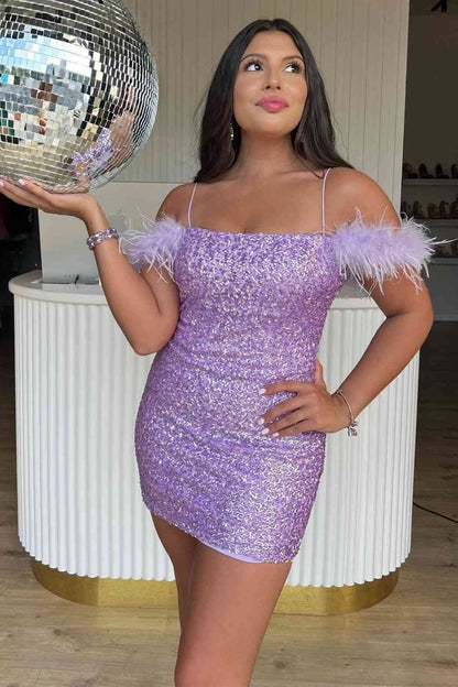 Feather Cold Shoulder Lilac Sequin Homecoming Dress cc109