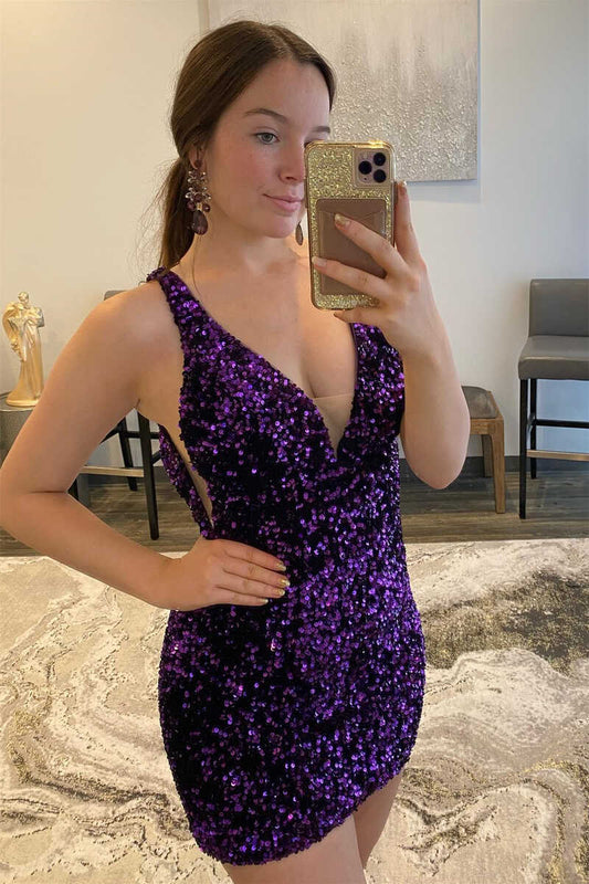 Purple Sequins Plunge Mini Homecoming Dress Open Back Homecoming Dress cc111