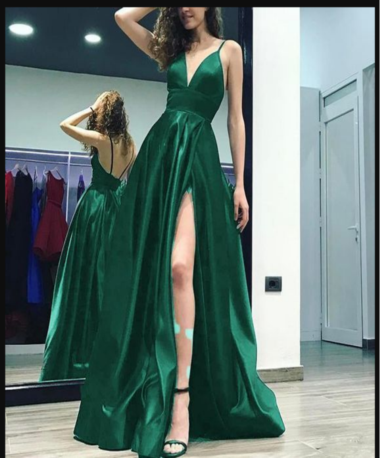 Sexy Side Slit Backless Spaghetti Straps A-line Long Evening Prom Dresses C1666