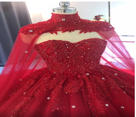 Red Ball Gown With Cape And Beads, Luxury Prom Dress C1888