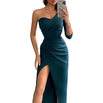 Prom Dresses For Woman Solid Color One Shoulder Sexy Dress c3204