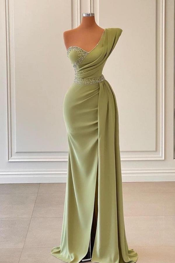 Sage One-Shoulder Split Mermaid Prom Dress With Beadings c2961