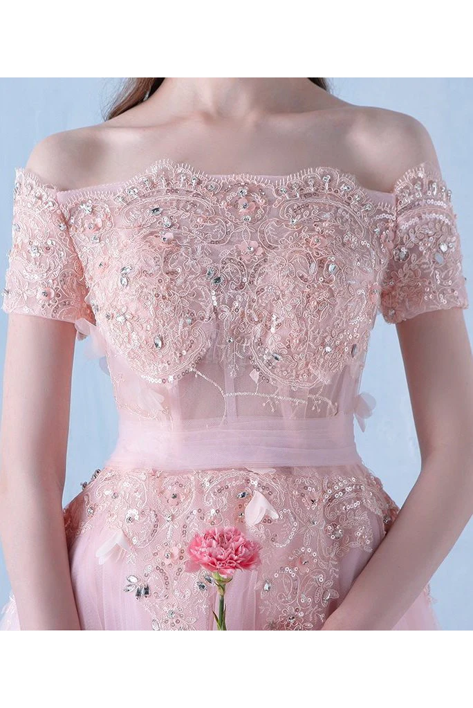 Pink Off the Shoulder Tulle Short Prom Dress with Beading, A Line Homecoming Dress c2997