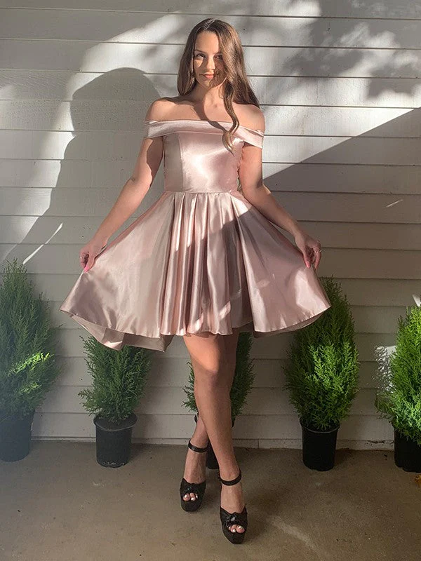 A-Line/Princess Off-the-Shoulder Satin Sleeveless Ruffles Short/Mini Homecoming Dresses c3013