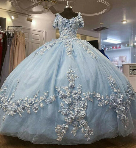 Baby Blue Off Shoulder Quinceanera Dresses Beaded 3D Flowers Ball Gown Sweet 16 Dress c3252