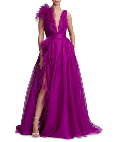 Deep V Neck Tulle Prom Dress Pur­ple Tulle Pan­el Evening Dress cc05