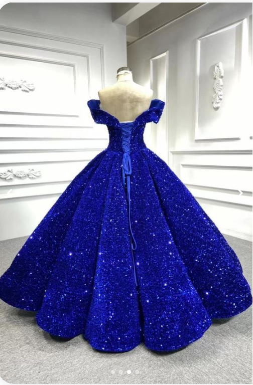 Royal blue sequin prom ball gown sweet 16 dress off the shoulder princess Quince dress  c2767