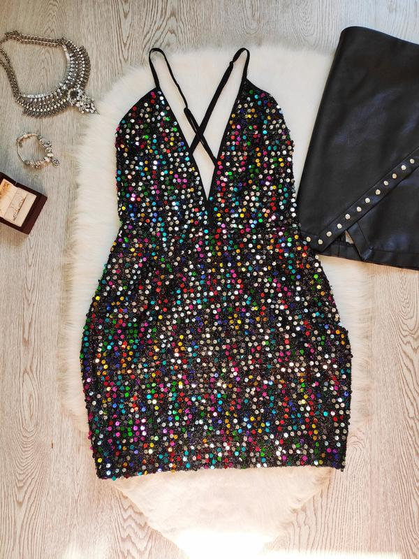 Black shiny multi colored evening short sexy mini dress neckline sequins party dress cc63
