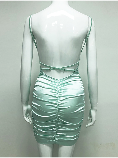 Summer Ruched Dress Women Square Neck Backless Robe Criss-cross Straps Sexy Dress Mint Elastic Slim Fit Bodycon Dresses Sexy Homecoming Dress c3396