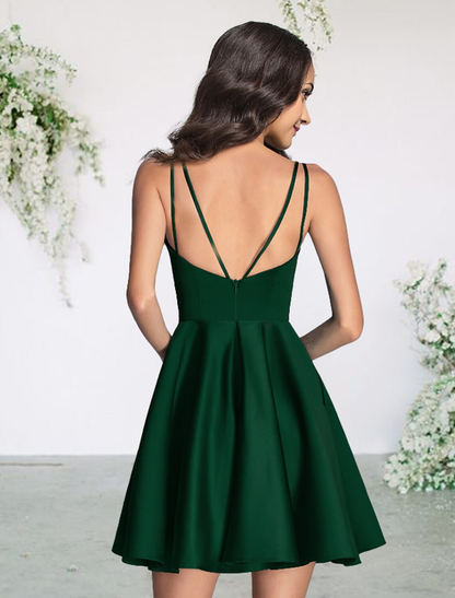 A-Line Homecoming Dress V Neck Sleeveless Sexy Short / Mini Satin with Pleats c3209